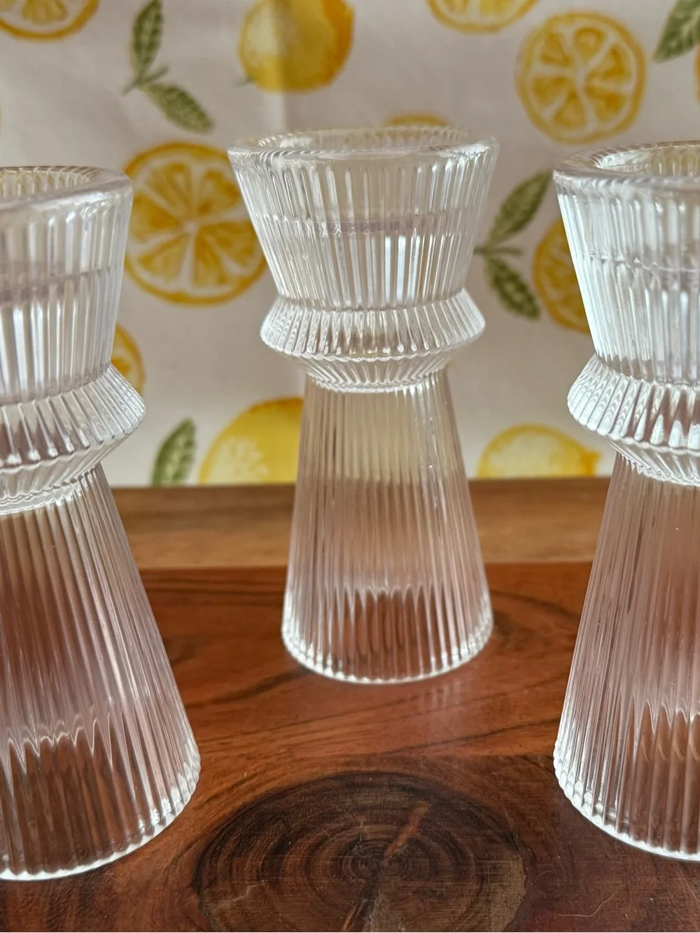 Clear Ribbed Glass Taper Candle Holder - Set of 3